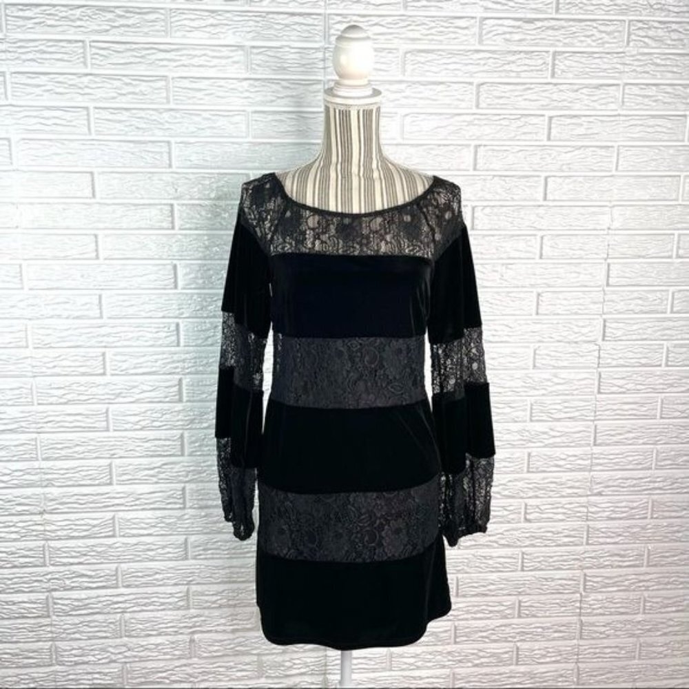 Laundry by Shelli Segal Bohemian Black Velvet and Sheer Lace Paneled Dress Sz 4